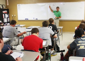 Boyle County High School teacher Steve Goggin teaches AP Calculus BC to his class while Skyping the class to students at Mercer County High School. Photo by Susan Riddell, Sept. 27, 2011