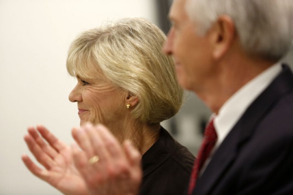 Gov. Steve Beshear applauds First LAdy Jane Beshear who hosted the Capitol Education Center open house in Frankfort, Ky. Photo by Amy Wallot, Feb. 8, 2013