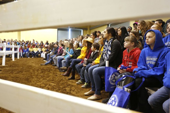 Students filled the bleachers to watch a demonstration about vaulting. Photo by Amy Wallot, March 27, 2013