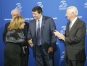 Karen Mallonee, a world language/Spanish teacher at College View Middle School (Daviess County) is congratulated by Education Commissioner Stephen L. Pruitt for her selection as the 2016 Middle School Teacher of the Year. Also at the ceremony were Gov. Steve Beshear and Education and Workforce Development Cabinet Secretary Thomas O. Zawacki, far left. Photo by Jennifer Ginn, Oct. 20,2015
