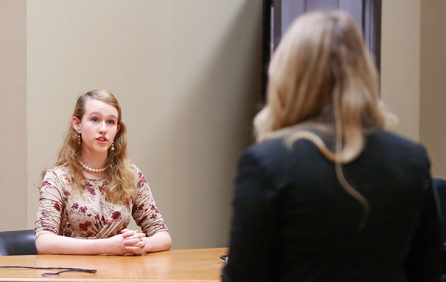 Katie Hess, a witness for the prosecution, is questioned by prosecuting attorney Bethany Mummert during a mock trail practice conducted by students from the pre-law pathway at Jessamine Career and Technology Center (Jessamine County).Photo by Mike Marsee, Dec. 9, 2019