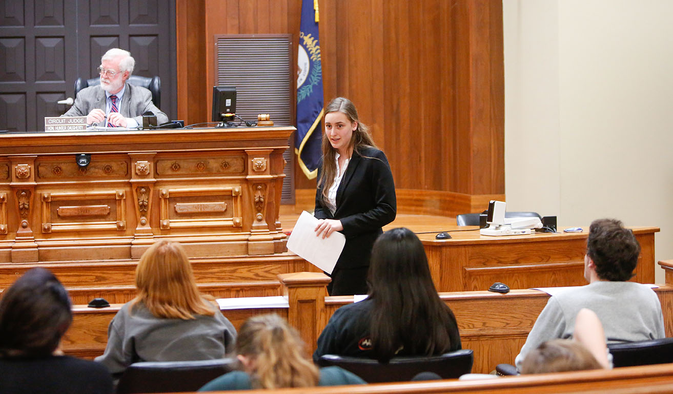 Hannah Embree, a student at Jessamine Career and Technology Center (Jessamine County), makes the closing argument for the prosecution during a mock trial practice.Photo by Mike Marsee, Dec. 9, 2019