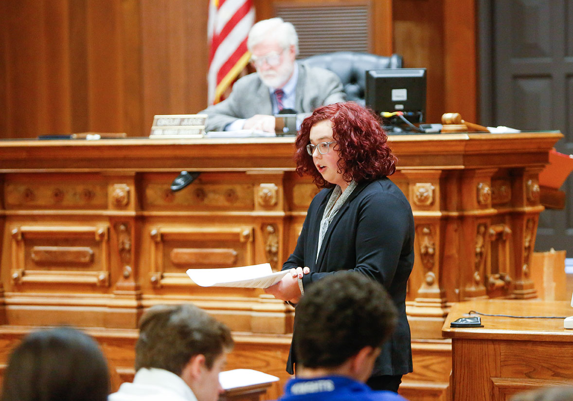 Zoee Robinson, a student at Jessamine Career and Technology Center (Jessamine County), makes a point during her closing argument for the defense in a mock trial practice.Photo by Mike Marsee, Dec. 9, 2019