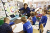 Art teacher Nikki Everett explains to 2nd-grade student Noah Huber how to mix colors to create a new one at Johnson Elementary School (Ft. Thomas Independent).Photo by Amy Wallot, Oct. 21, 2014