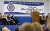 Commissioner Terry Holliday tells the students and staff of Johnson Elementary School (Ft. Thomas Independent) what a rarity being named a Blue Ribbon School is and that they should be proud. Photo by Amy Wallot, Oct. 21, 2014