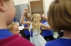 Chloe Bramble practices for her groups commercial persuading settlers to choose Jamestown during Josh Feldmann's 5th-grade class at Johnson Elementary School (Ft. Thomas Independent).Photo by Amy Wallot, Oct. 21, 2014