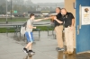 Bobby Day, right, and Dan Smoot, two members of the Laurel County schools’ Security Response Team members assigned to North Laurel Middle School, greet 6th-grade student Dominic Cesario as he enters the building. The two men said engaging the students at the start of the day helps them be aware of when something might be wrong and helps the students feel more comfortable around them.Photo by Mike Marsee, Sept. 27, 2018