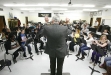 Murray High School (Murray Ind.) band director Tim Zeiss handed over the baton to Education Commissioner Terry Holliday, a former band director, during class. Photo by Amy Wallot, Jan. 11, 2012