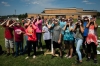 Students in Shelby Fisher's 8th-grade science class at James E. Bazzell Middle School (Allen County) look up at a partial phase of the eclipse through solar eclipse viewers. Photo by Bobby Ellis, Aug. 21, 2017