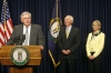 Commissioner Terry Holliday, Gov. Steve Beshear and First Lady Jane Beshear celebrate all 173 Kentucky school districts raising the dropout age from 16 to 18 during a press conference at the Capitol. Photo by Amy Wallot, Jan. 29, 2015