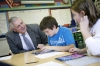 Commissioner Terry Holliday talks with 3rd-grade students Landon Brown and Rayna Roberts at North Middletown Elementary School (Bourbon County), a Blue Ribbon School. Photo by Amy Wallot, Oct. 20, 2011