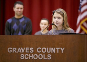 First-grade student Jayce Riley speaks during the Sedalia Elementary School's (Graves County) Blue Ribbon School celebration Jan. 6, 2011. Photo by Amy Wallot