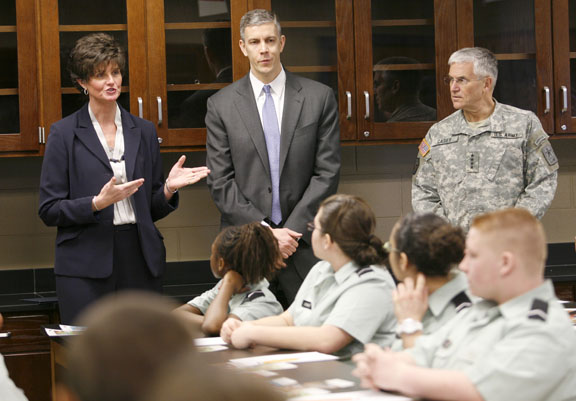Hardin County Schools Superintendent Nannette Johnston introduces U.S. Secretary of Education Arne Duncan and Gen. George W. Casey Jr., chief of staff of the U.S. Army, to a Junior Leadership Corps class at North Middle School (Hardin County) March 11, 2011. The two were visiting the school to launch Project Partnership for All Students' Success (PASS). Photo by Amy Wallot