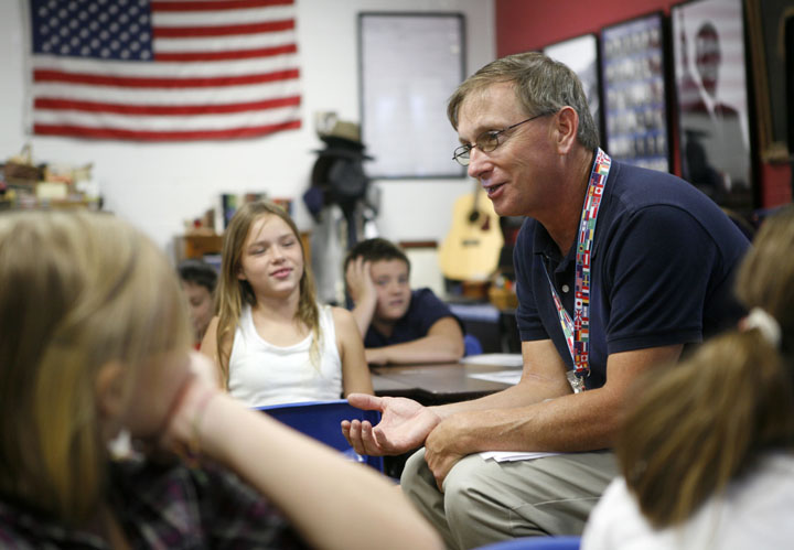 Donnie Wilkerson talks with his 5th-grade history class at Jamestown Elementary School (Russell County). Wilkerson was recently named the 2011 Kentucky History Teacher of the Year. Photo by Amy Wallot, Sept. 2, 2011