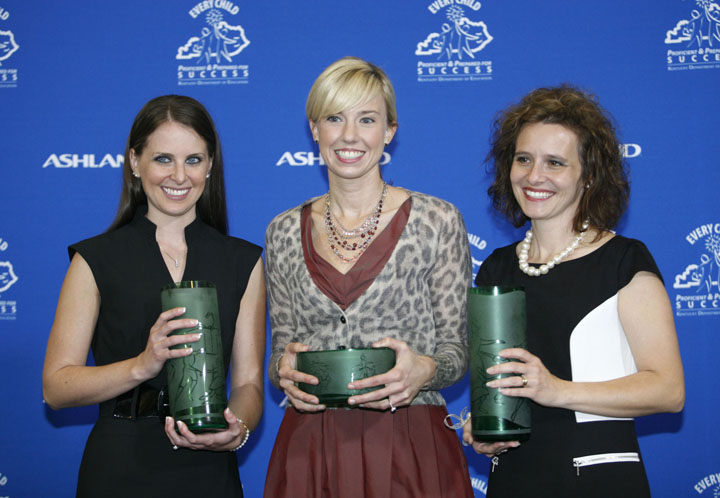 The Elementary School Teacher of the Year Elizabeth Ann Fuller, Kentucky Teacher of the Year Kimberly Shearer, and the Middle School Teacher of the Year Jenni Lou Jackson pose with their awards during the 2012 Ashland Inc. Teacher Achievement Awards. Photo by Amy Wallot, Oct. 18, 2011