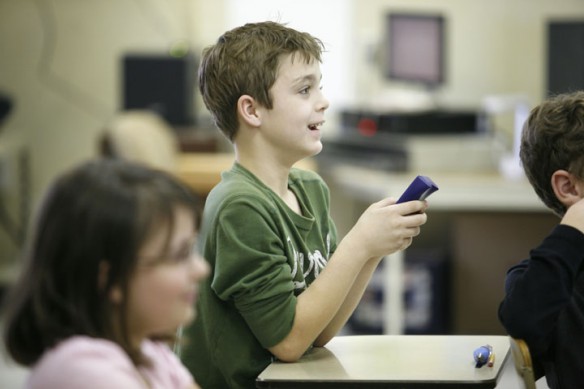 Cavin Wallace answers questions about prepositions in Heather Brumley's 5th-grade class at Taylor Elementary School (Bracken County). Photo by Amy Wallot, Dec. 6, 2011