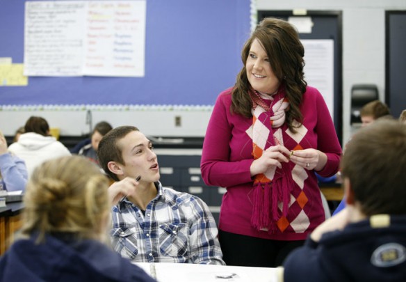Holly Wood listens to sophomore Anthony Hagan share his views on genetic engineering during her Pre-AP Biology class at Hardin County High School Jan. 4, 2012. Students were reading articles about the subject and writing a piece on their views using an argumentative frame. Photo by Amy Wallot