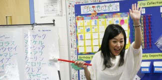 Miko Momozono teaches Japanese to Beth Heimann's kindergarten class at Picadome Elementary School (Fayette County). Photo by Amy Wallot, Jan. 10, 2012