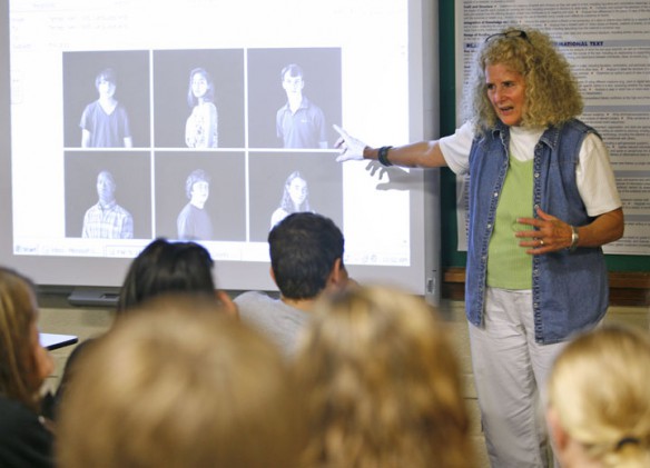 North Middle School (Henderson County) teacher Nan Ternes shares stories from former kindergarten students who were evacuated from their New York City schools during 9/11 with her 8th-grade language arts class on the 10th anniversary of the attacks.. Photo by Amy Wallot, Sept. 9, 2011