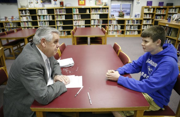 In 2012, Kentucky Education Commissioner Terry Holliday talked with sophomore Alex Kearns about his future college and career plans during Operation Preparation at Gallatin County High School. Photo by Amy Wallot, March 15, 2012