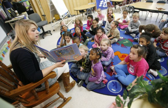 Ellen Cochran reads Night City by Monica Wellington to her kindergarten class at Glenn O. Swing Elementary School (Covington Ind.). Photo by Amy Wallot, April 12, 2012