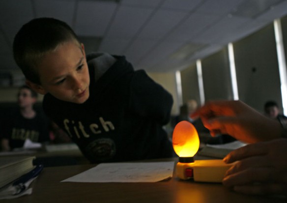 Sixth-grade student Gavin Franks examines an egg with two embryos during JoAnn Hall's science class at Roy G. Eversole Middle School (Hazard Ind.). Photo by Amy Wallot, March 28, 2012