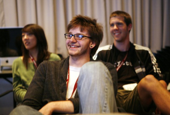 Henry Clay High School (Fayette County) senior Emma Friedman, Boone County High School senior Trevor Arsenault and Brown School (Jefferson County) senior William Kolb watch a student produced short film during the Governor's School for the Arts. Photo by Amy Wallot, July 6, 2012