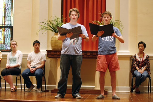 Youth Performing Arts School (Jefferson County) seniors Hunter Schanz and Alex Kapp practice "Sound the Trumpet" by Henry Purcell during the Governor's School for the Arts. Photo by Amy Wallot, July 6, 2012