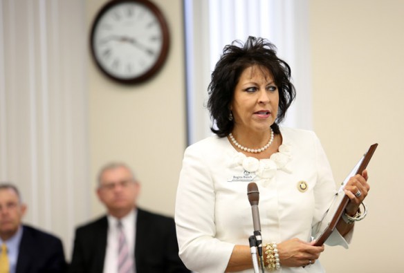 Rep. Regina Bunch speaks after accepting recognition for her late husband Rep. Dewayne Bunch during the Kentucky Board of Education meeting in Frankfort, Ky. Photo by Amy Wallot, Aug. 9, 2012