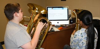 Students at South Warren Middle School (Warren County) use the SmartMusic program during class in the spring of 2011. Photo by Don Sergent/Warren County Public Schools
