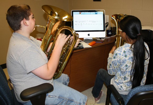 Students at South Warren Middle School (Warren County) use the SmartMusic program during class in the spring of 2011. Photo by Don Sergent/Warren County Public Schools