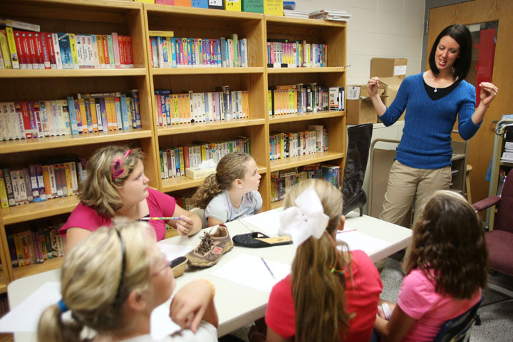 Northern Elementary School (Pulaski County) Family Resource Center Coordinator Beth Rowlands talks to 5th-grade students about "walking in someone else's shoes" during the Pulaski Elementary School anti-bullying program. Photo by Amy Wallot, Aug 24, 2012