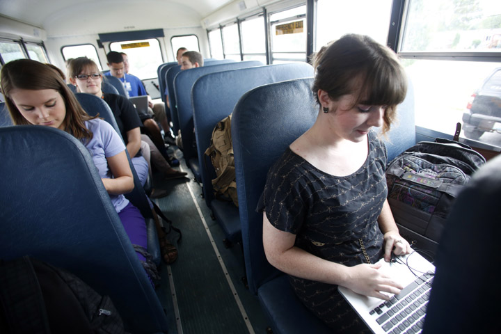 Eminence High School (Eminence Independent) senior Hannah Ellis uses her computer on the Wi-Fi bus that will take her to Bellarmine University for classes.