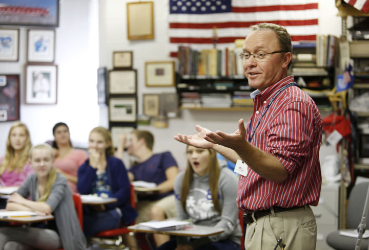 Ron Adkisson discusses the Age of Exploration with his 8th-grade American History class at South Oldham Middle School (Oldham County). Adkisson was named the 2012 Kentucky History Teacher of the Year.