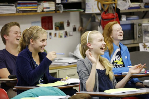 Students laugh as Ron Adkisson injects humor into his lesson about the Age of Exploration during his 8th-grade American History class at South Oldham Middle School (Oldham County). Photo by Amy Wallot, Oct. 2, 2012