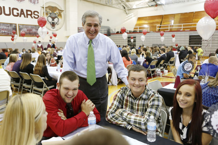 Lt. Gov. Jerry Abramson talks with seniors about their plans after graduation during the Close the Deal kickoff at Bullitt Central High School (Bullitt County). Photo by Amy Wallot, Oct. 9, 2012
