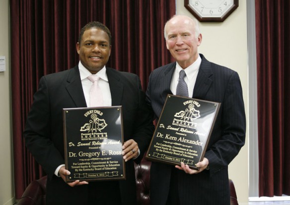 Gregory Ross and Kern Alexander received the Dr. Samuel Robinson Award during the Kentucky Board of Education meeting. Photo by Susan Riddell, Oct. 9, 2012