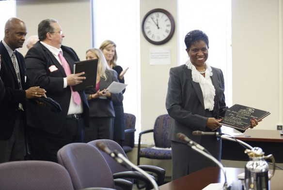 Elaine Farris is presented the Johnnie Grissom Award during the Kentucky Board of Education meeting in Frankfort, Ky. Photo by Amy Wallot, Dec. 3, 2012