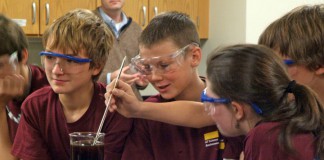 Heath Middle School (McCracken County) students Conner Kelly, Hayden Faughn, Garrett Childress and Katelyn Woodard make biosoap at the Emerging Technology Center at West Kentucky Community & Technical College. Photo by U.S. Department of Energy