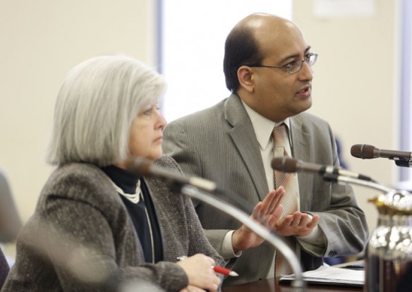 Associate Commissioner Hiren Desai and Associate Commissioner Susan Allred speak with the Kentucky Board of Education about state managed schools. Photo by Amy Wallot, Feb. 6, 2013
