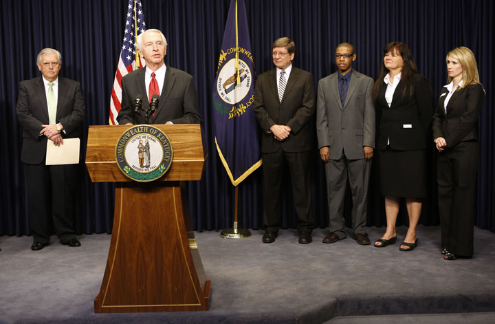 Education Commissioner Terry Holliday, left, Gov. Steve Beshear and ACT, Inc. recognized Hazard Community and Technical College President Dr. Stephen Greiner, Layfette High School (Fayette County) senior Devin O'Neil Morton, Murray High School (Murray Independent) Principal Teresa Speed and Citi Vice President of Public Affairs Crystal Gibson for their college and career readiness efforts during a press conference this week at the Capitol.