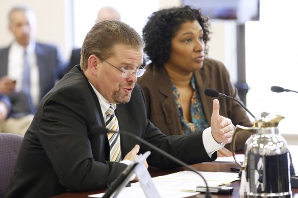 Division of Innovation and Partner Engagement Director David Cook and Division of Innovation and Branch Manager Jocelyn Mills present the Districts of Innovation for approval to the Kentucky Board of Education during there June meeting in Frankfort. Photo by Amy Wallot, June 5, 2013