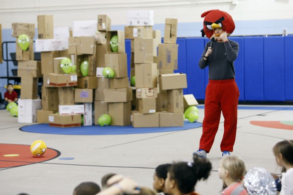 Gym teacher John Nord explains the rules of the life-sized version of Angry Birds to students at Southern Elementary School (Fayette County). Photo by Amy Wallot, Dec. 6, 2013
