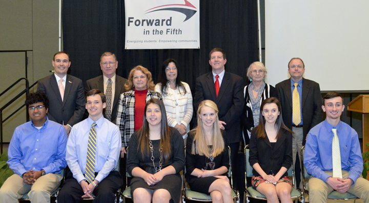 Forward in the Fifth’s 2014 Appalachian Leaders in Education (AppLE) Award recipients are, seated, front row, from left, Pike County Youth Leadership Council representatives Eashwar Soma, Tyler Syck, Mary Beth Hall, Alannah Little, Taryn Syck, and Dalton Hatfield; back row, from left, University of Pikeville President Dr. James Hurley; Allen Anderson, CEO of South Kentucky RECC; Pamela Branam, assistant director, Menifee County Adult Education; Dr. Joyce Bowling, teacher at Manchester Elementary School; Jim Tackett, executive director of Forward in the Fifth; Rosalind Stanley, public information officer and community education director for Pike County Youth Leadership Council; and Noel Crum, principal at Johnson Central High School. Photo submitted
