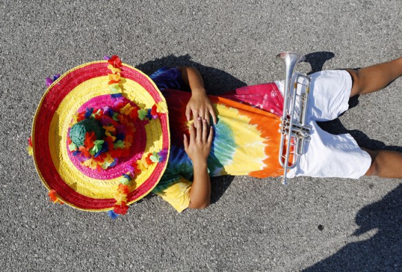 Senior trumpet player Jacob Silvernail takes a break from practice. Photo by Amy Wallot, July 29, 2014