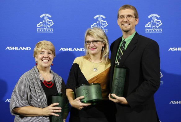 Kentucky Middle School Teacher of the Year Faye Smith of Campbell County Middle School, Kentucky Teacher of the Year Sarah Reed of Field Elementary School (Jefferson County) and Kentucky High School Teacher of the Year Joshua Underwood of Mason County High School were presented with their awards at the Capitol. Photo by Amy Wallot, Oct. 23, 2014