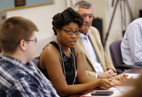 Western High School (Jefferson County) senior Charlese Matthews talks about access to classes with the Next-Generation Student Council. Photo by Amy Wallot, Oct. 29, 2014