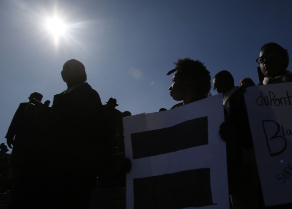 DuPont Manual High School (Jefferson County) sophomore Mia Thompson stood on the steps of the capitol with other members of the DuPont Manual Black Student Union during the 50th Anniversary Civil Rights March on Frankfort. Photo by Amy Wallot, March 5, 2014