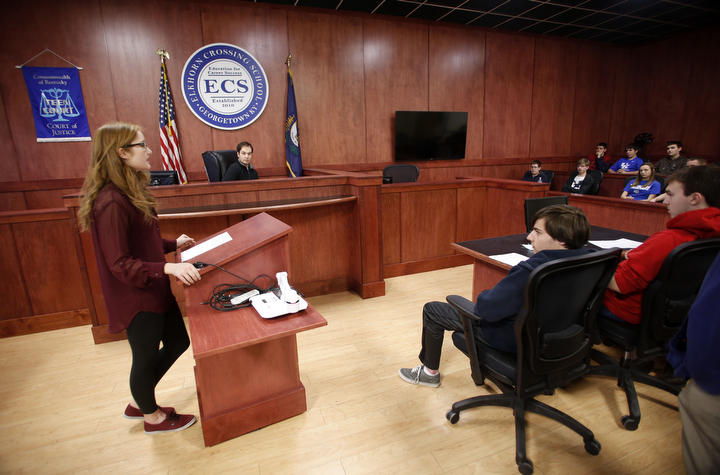 Sophomore Bailey Campagna gives opening remarks for the prosecution in the trial of Brutus for the murder of Julius Caesar in the Law and Justice Village at Elkhorn Crossing School (Scott County). The trial was an activity after the students had read Shakespeare's Julius Caesar. Photo by Amy Wallot, March 20, 2015