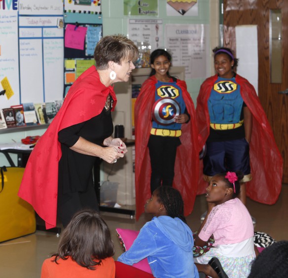 Karen McCuiston, director of the Post-Secondary Education and Resource Center at the Kentucky Center for School Safety, talks to students in Kayla Berg’s class at North Middle School (Hardin County) during an anti-bullying event at which students were encouraged to be “school safety superheroes.” October is National Bullying Prevention Month. Photo by Mike Marsee, Sept. 14, 2015